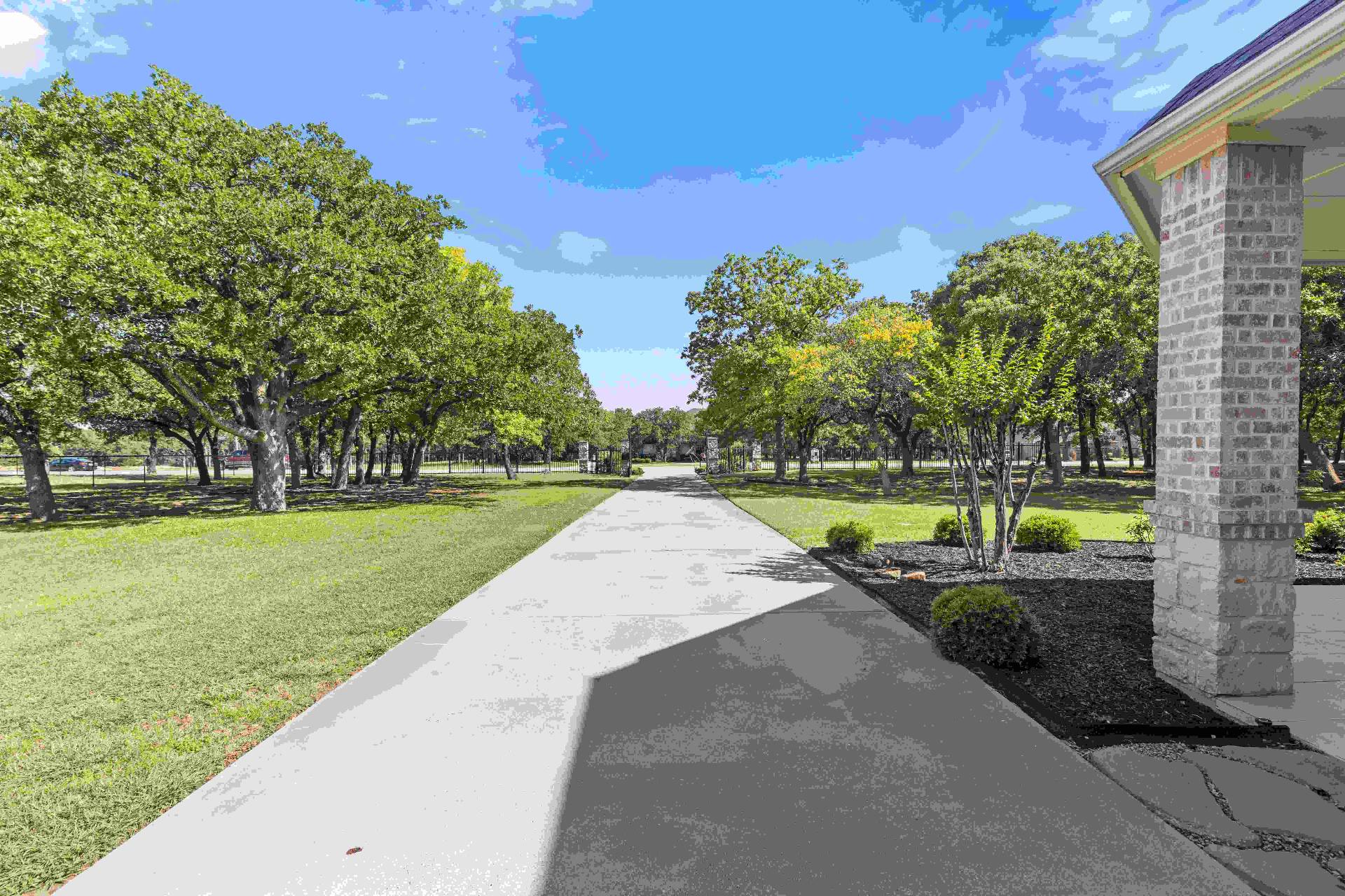 Driveway approach lined with mature oaks leading to the gated entry