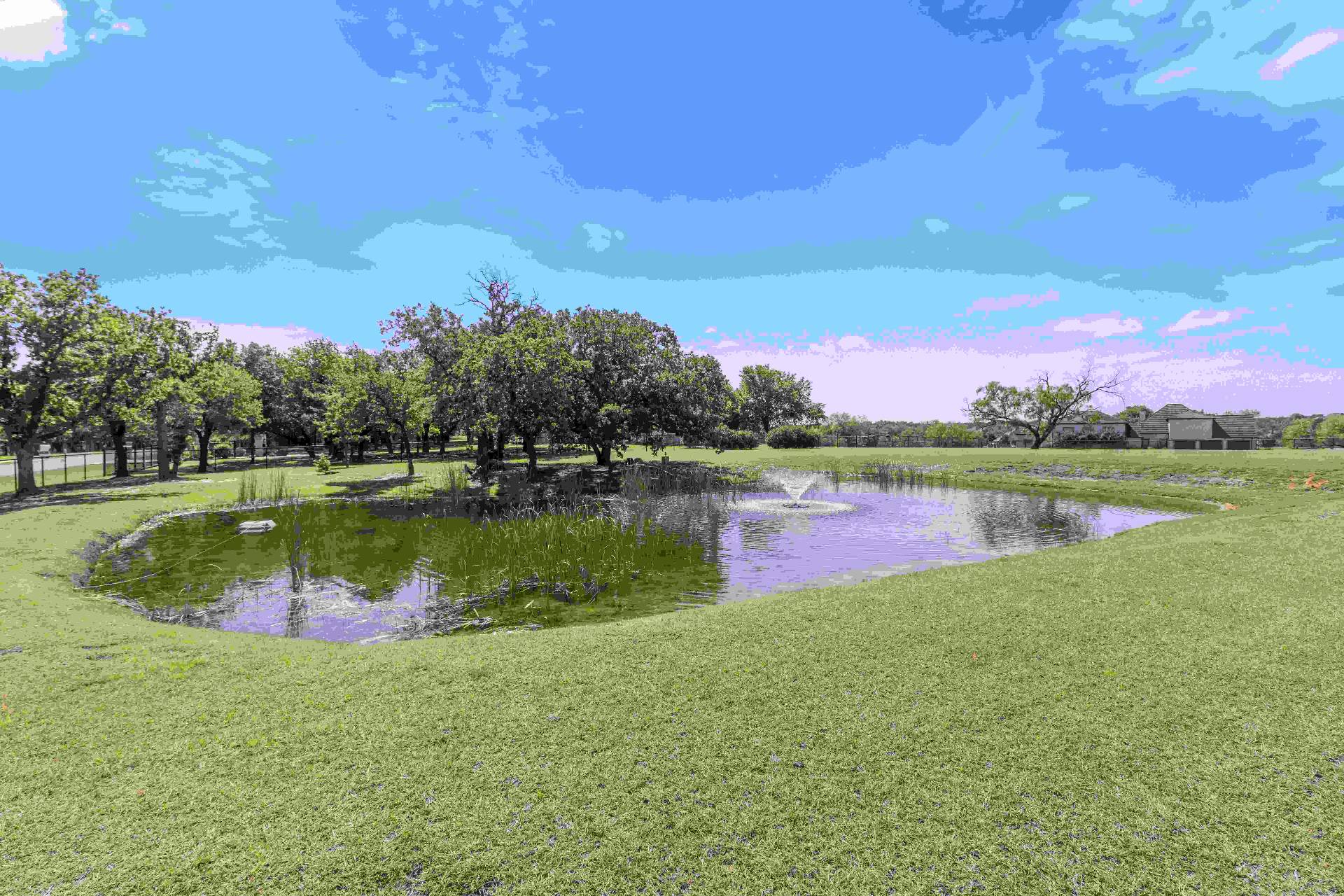 On-property pond with aerating fountain framed by mature oak trees