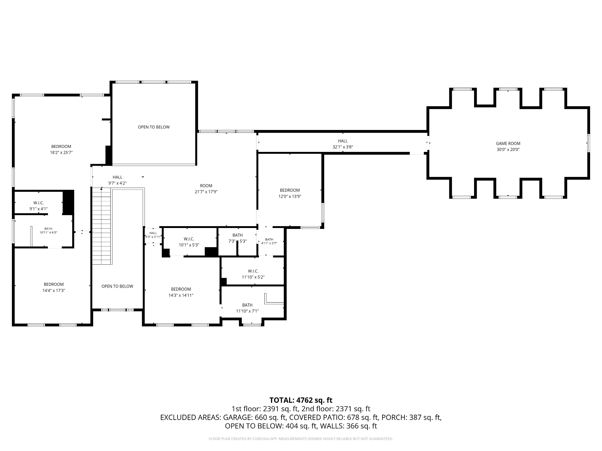 Second floor plan: four additional bedrooms with walk-in closets and baths, central room, hall, and oversized game room.